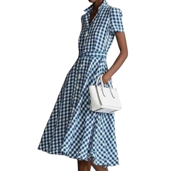 Polo Ralph Lauren Dresses & Skirts - NWT Polo Ralph Lauren Women's Belted Linen Blue/White Check Midi Dress Size 12